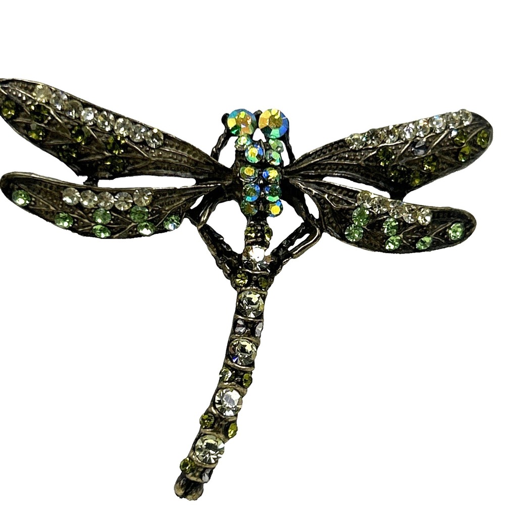 Vintage Jeweled Dragonfly Womens Brooch Antique Gold Tone AB Stones